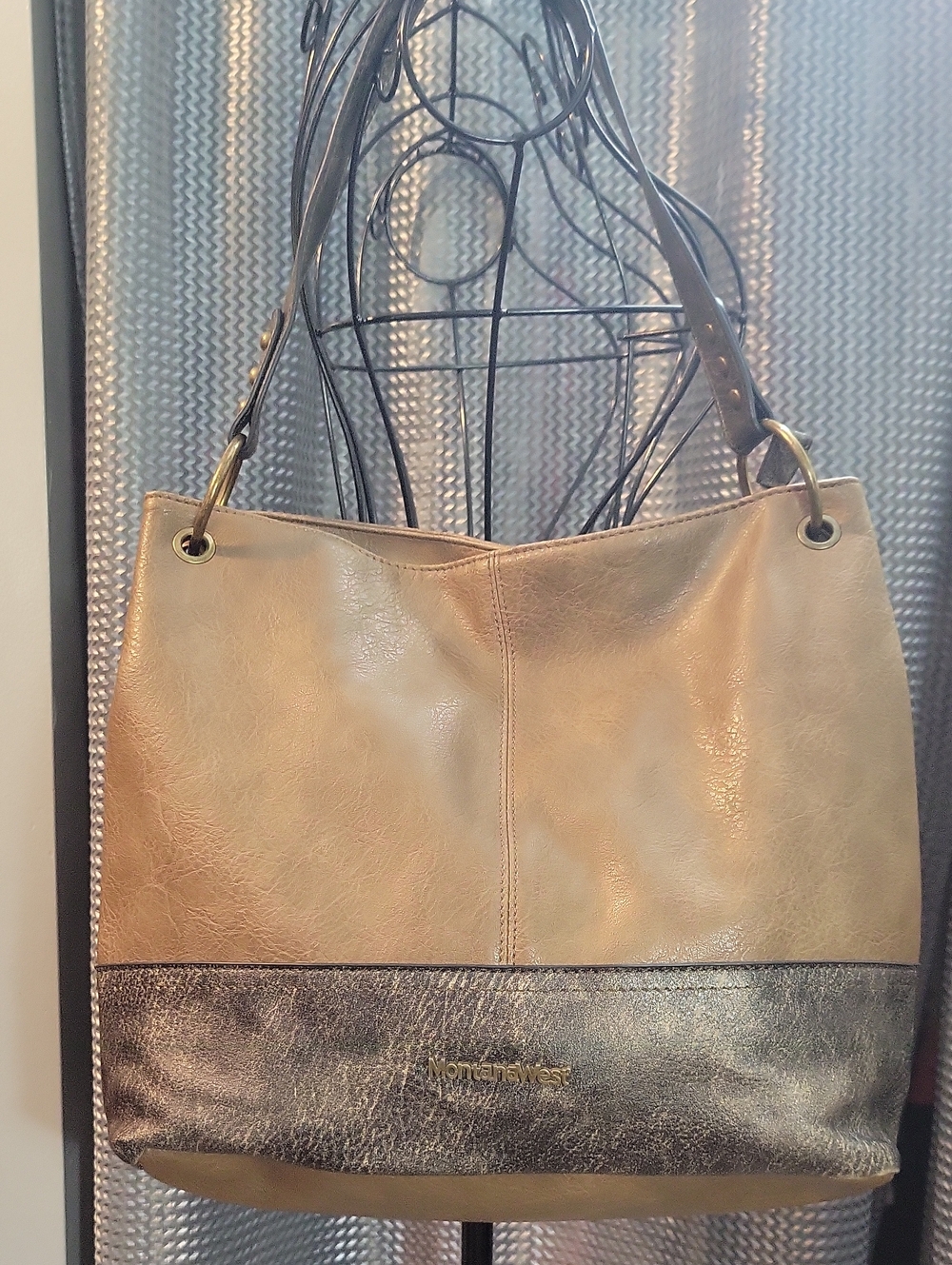 Montana West Beige and Metallic Brown Two-Tone Shoulder Tote